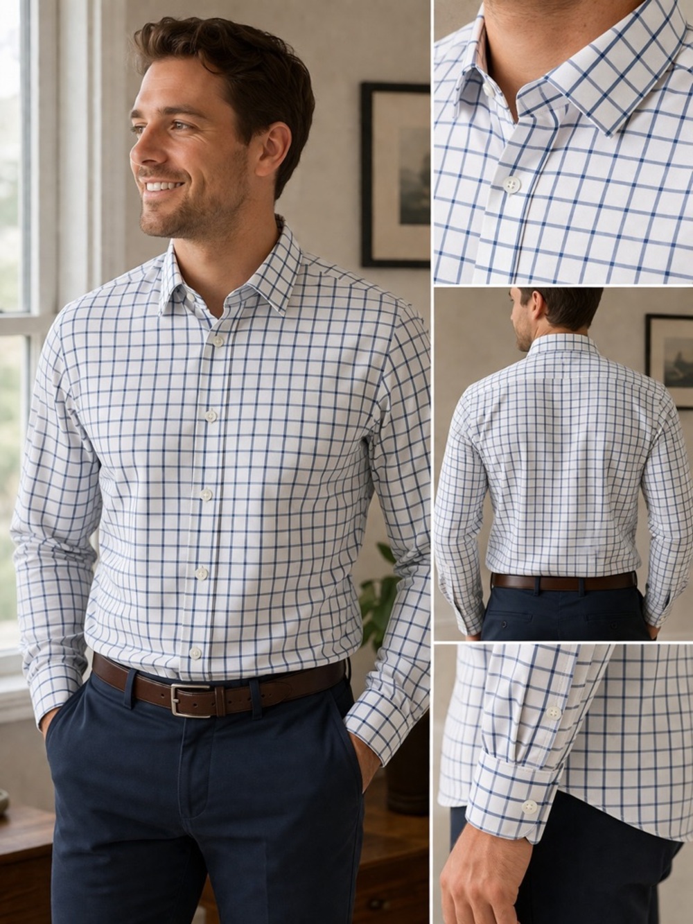 Mizzen+Main Leeward Dress Shirt Large Blue White Check Performance Stretch